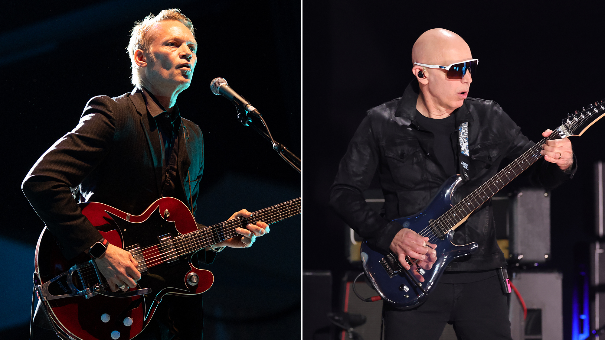 Xan McCurdy of Cake performs onstage during day 5 at Summerfest 2025 at Henry Maier Festival Park on June 27, 2025 in Milwaukee, Wisconsin AND Joe Satriani performs onstage during the 2025 iHeartRadio Music Festival at T-Mobile Arena on September 19, 2025 in Las Vegas, Nevada