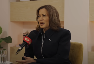 Kamala Harris on the call her daddy podcast wearing a zip up sweater