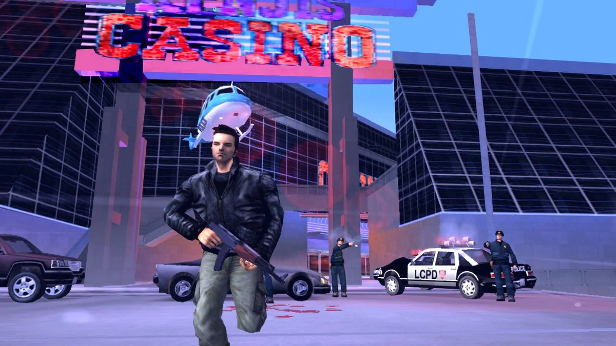 GTA 3 Mobile screenshot showing claude running away from police near a casino 