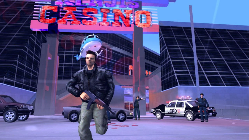 GTA 3 Mobile screenshot showing claude running away from police near a casino