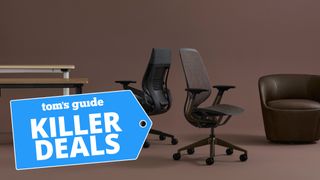 Steelcase desks and chairs show in room