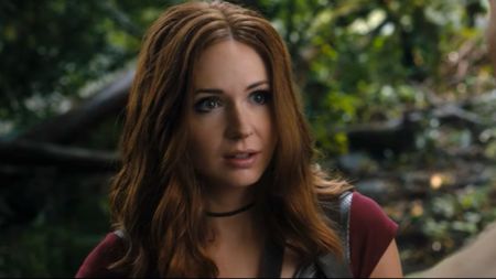 Karen Gillan almost smiling in Jumanji: Welcome to the Jungle. 
