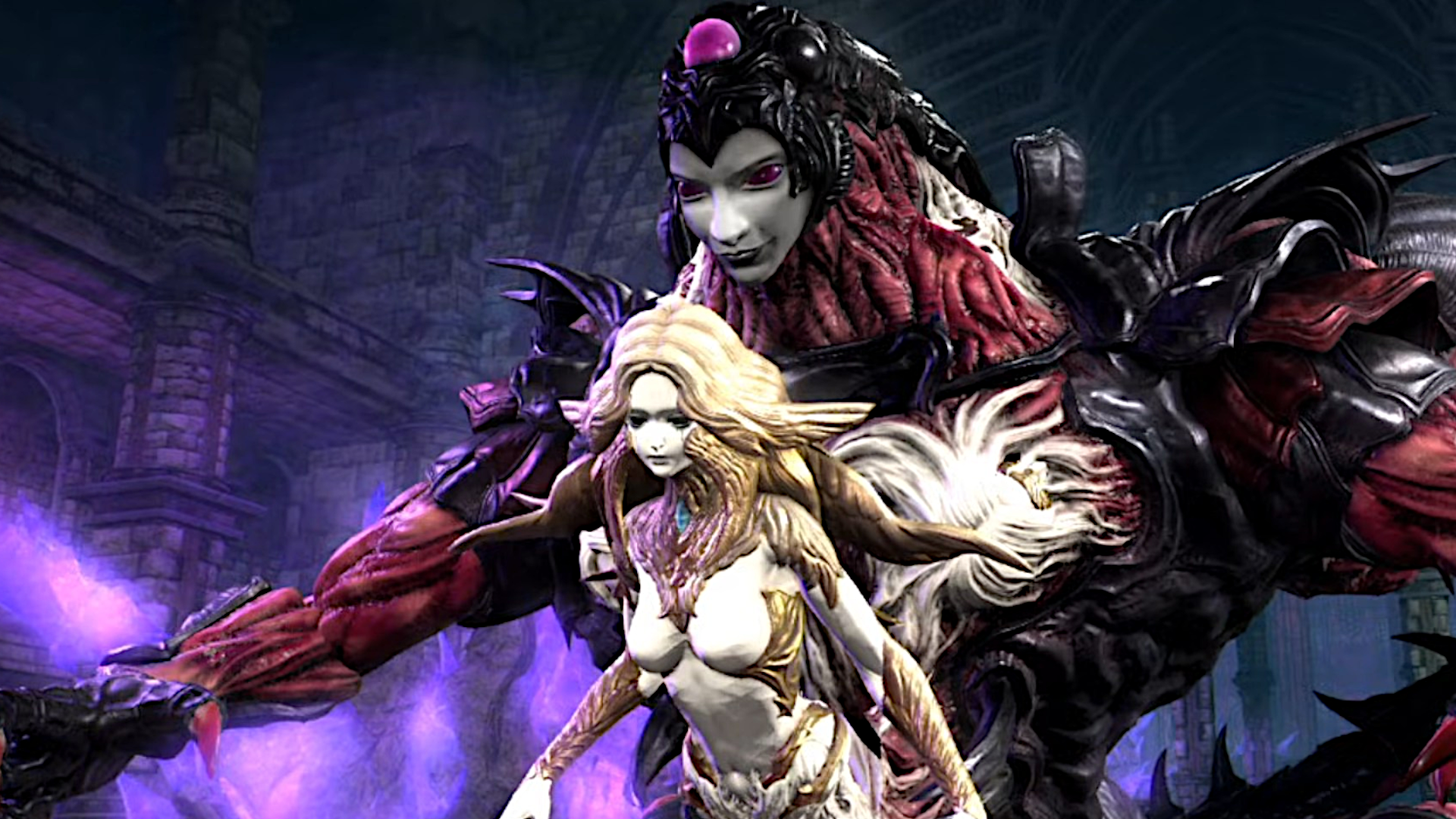 A boss in Final Fantasy 14&#039;s Deep Dungeon, the Pilgrim&#039;s Traverse, a melding of a larger, ominous figure wreathed in shadow with an angelic figure fused to them.