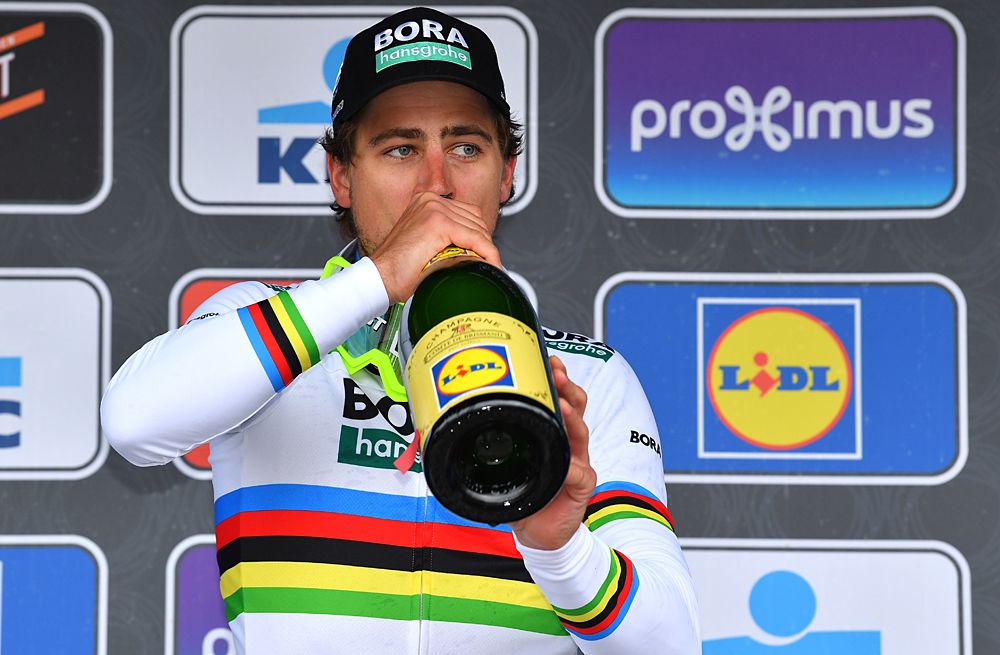 Peter Sagan celebrates his win at Gent-Wevelgem 2018