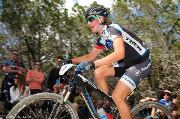 Sam Schultz (Subaru Trek) rides a ridge in fifth place