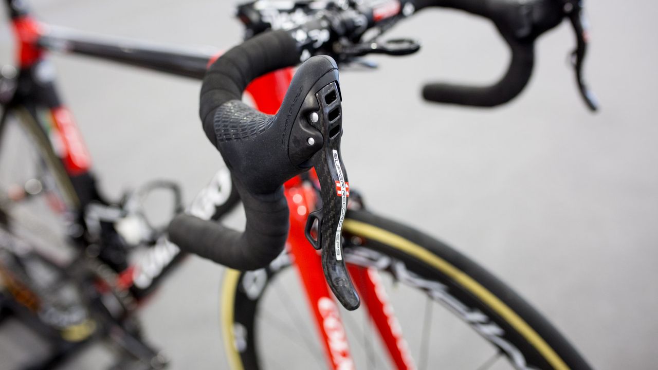 The Super Record EPS shifters feature a carbon brake lever as well as Campy's trademark thumb shifters