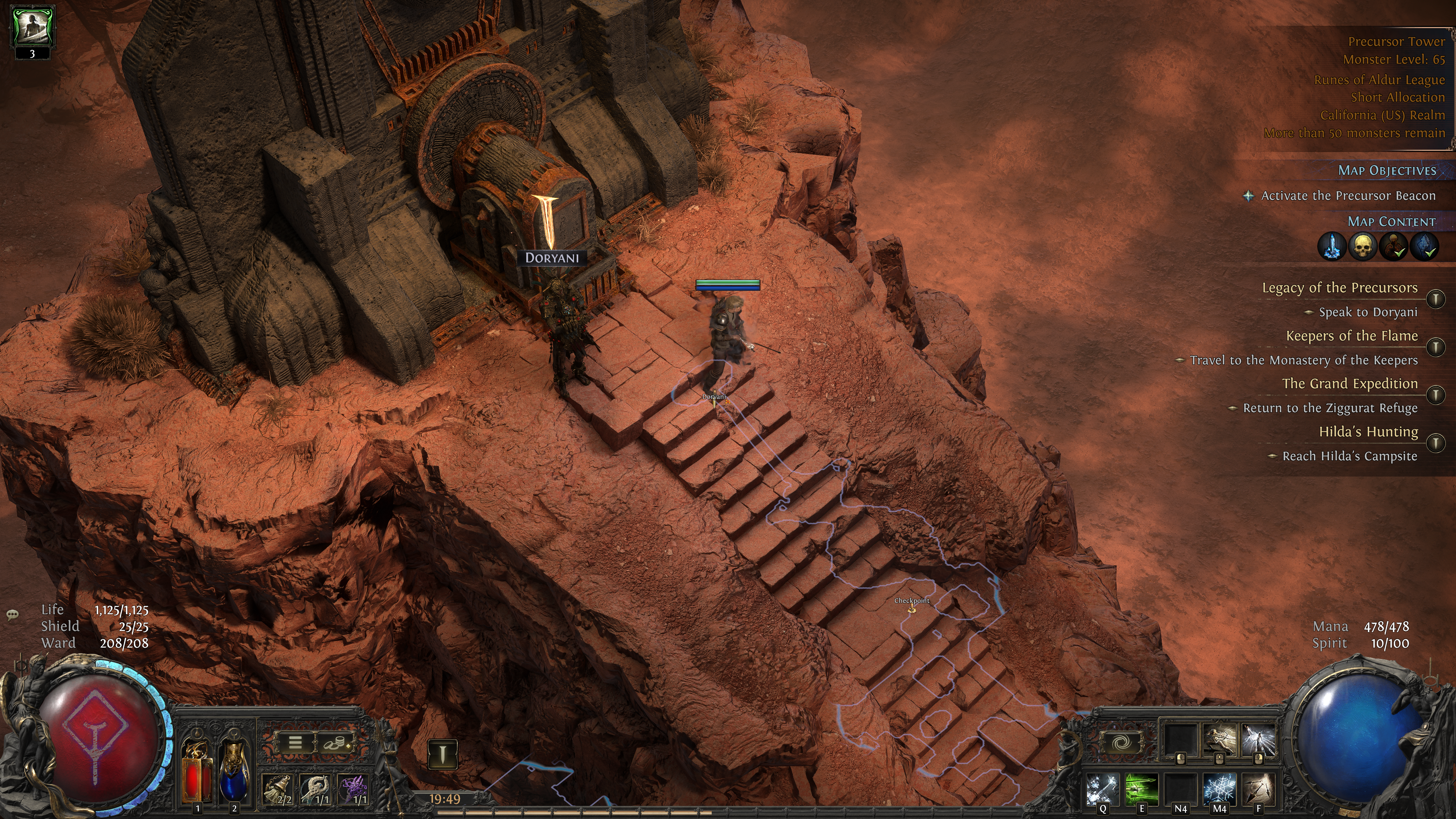 A Path of Exile 2 character stands on dusty stairs leading up to an ancient machine in a red desert.