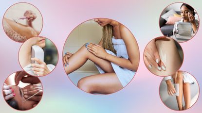 seven images cropped in circle templates of women using different options for hair removal at home on a colorful pastel background