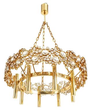 Large Gilt Brass and Glass Chandelier Lamp, Palwa circa 1960