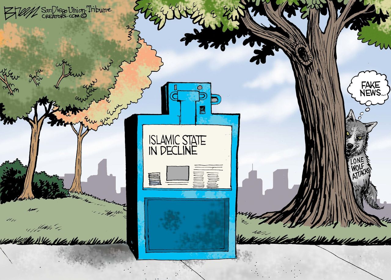 Political cartoon U.S. Texas church shooting ISIS terrorism fake news