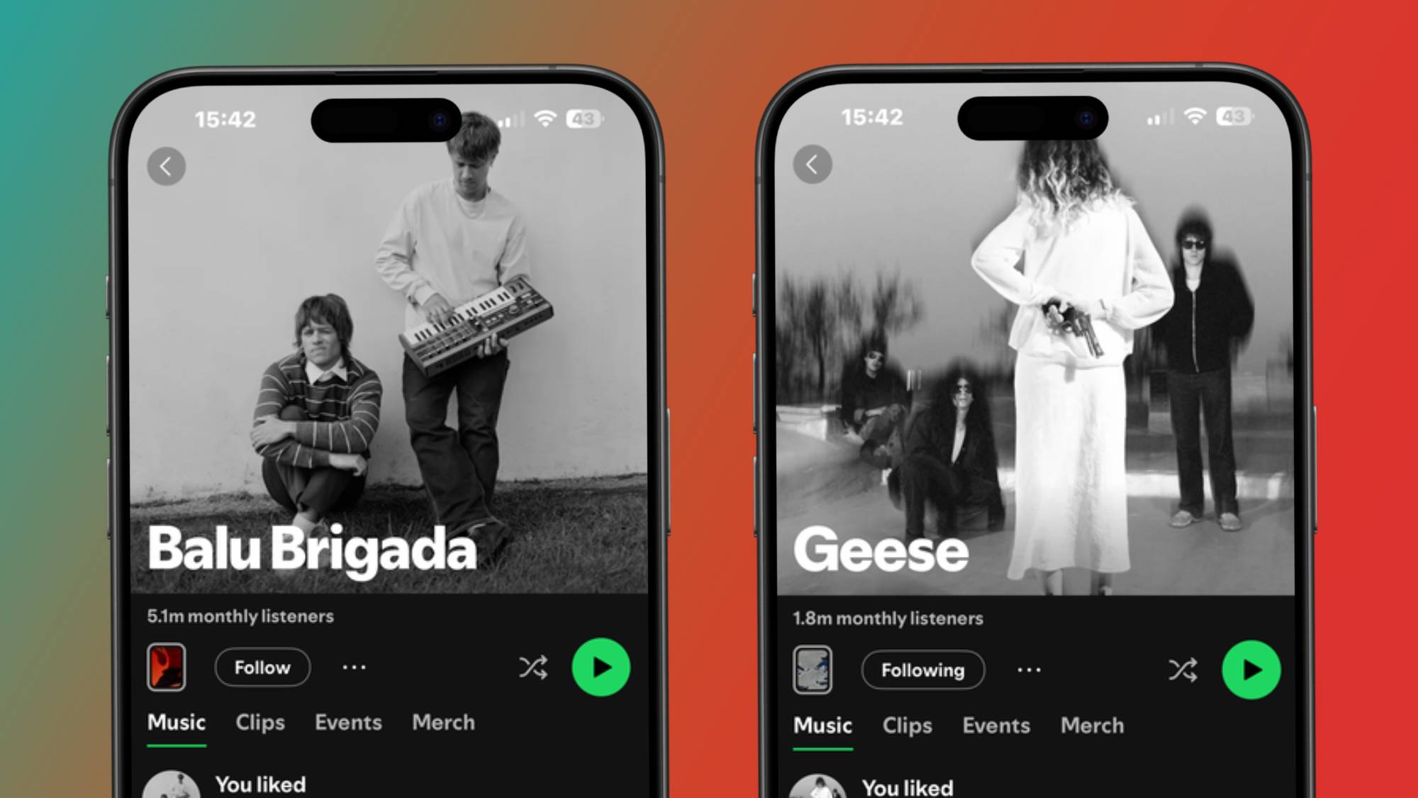 Two smartphones showing Spotify artist pages for Balu Brigada and Geese