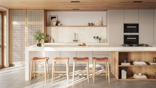 modern kitchen with cream units, wooden stools and shelves below kitchen island