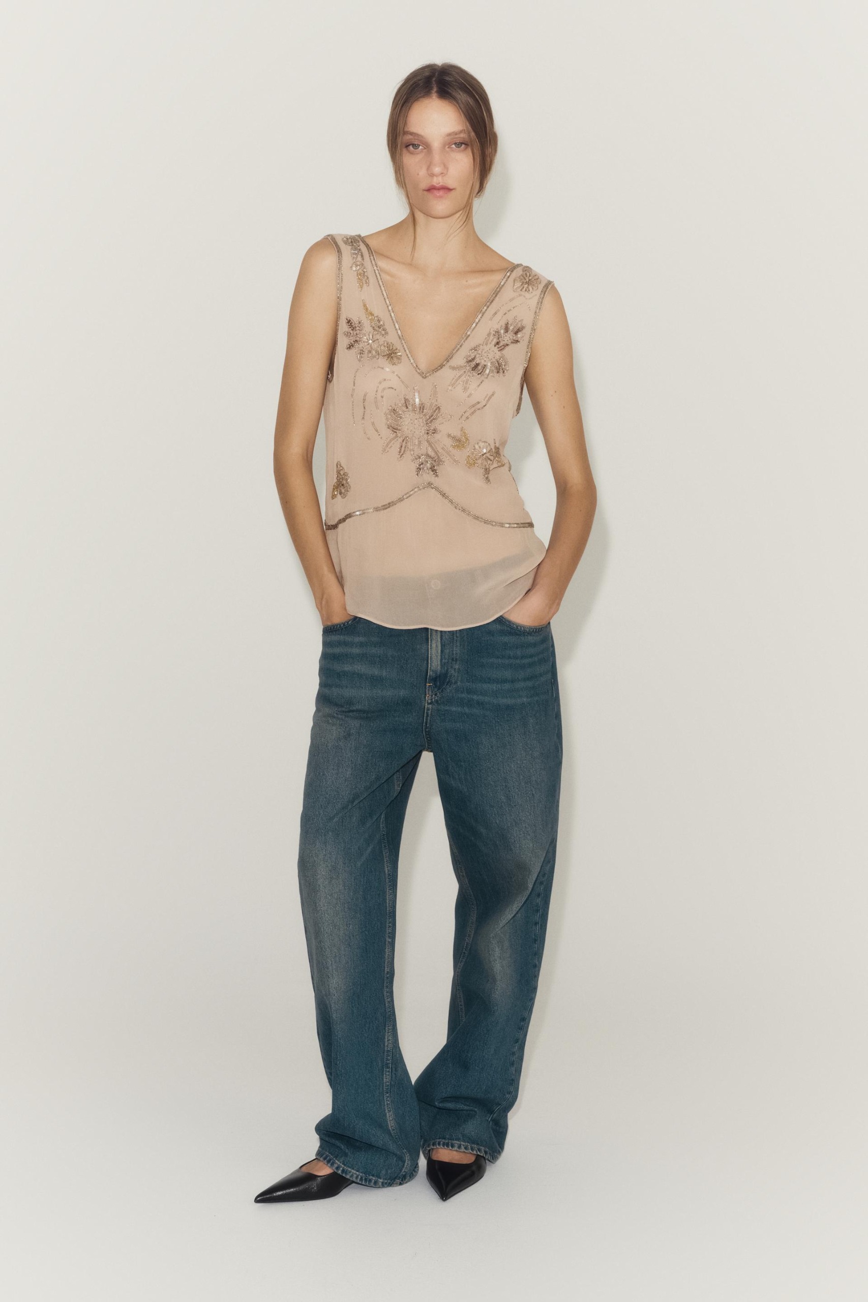 Zw Collection Embroidered Top - Beige-Pink - Xs