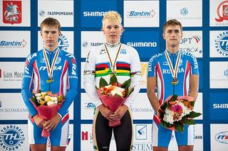 The men's individual pursuit podium (l-r): Konstantin Kuperasov, Michael Hepburn and Ivan Savitskiy