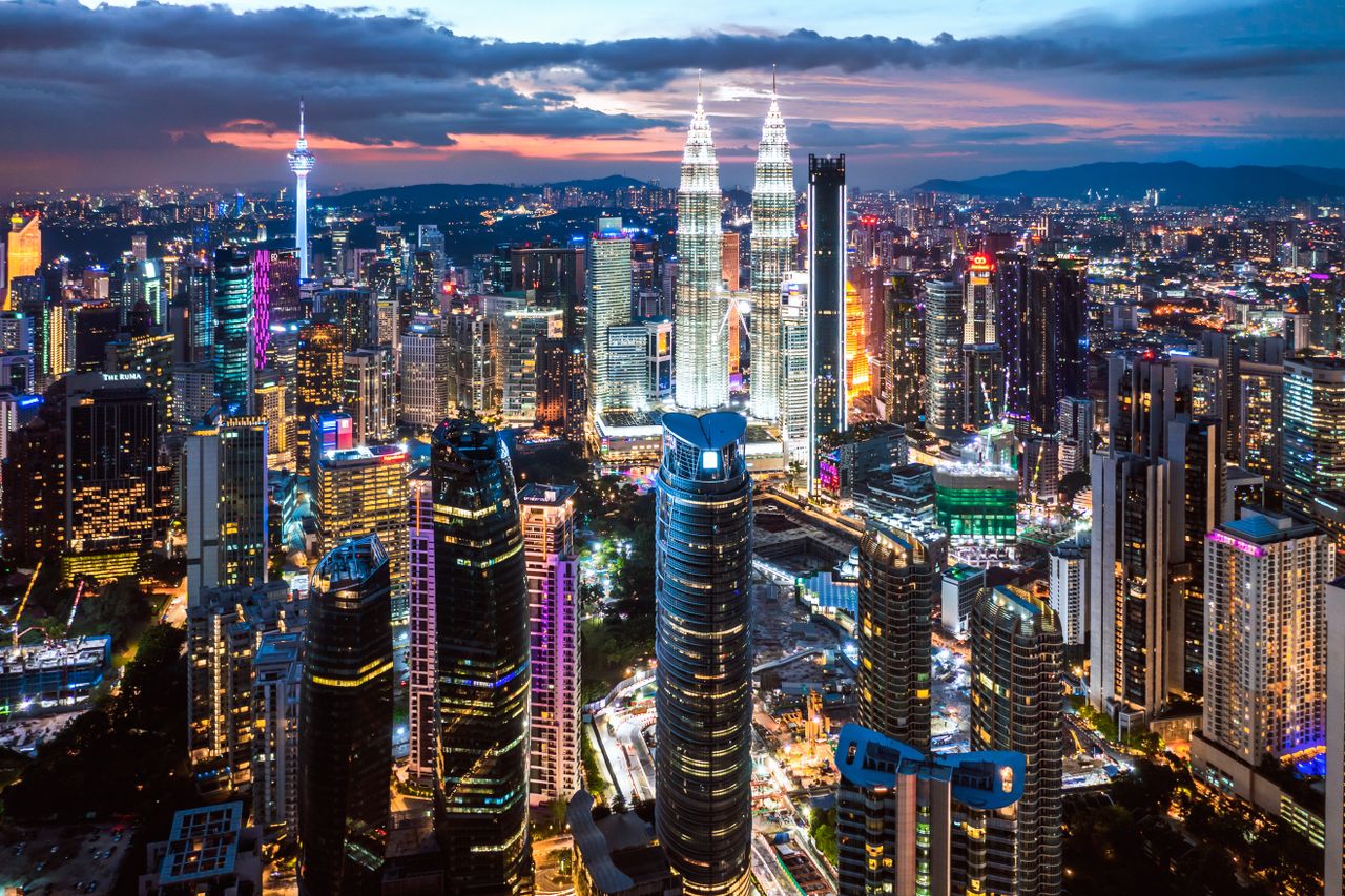 The Kuala Lumpur skyline lit up at night