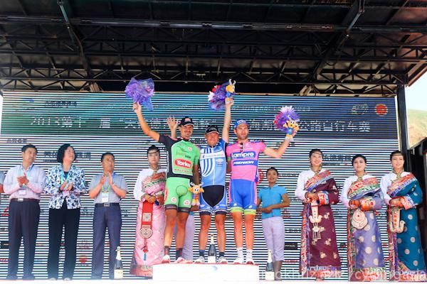 Tour of Qinghai Lake stage 6 podium (L-R): Sergiy Grechyn, Robert F&ouml;rster and Massimo Graziato