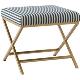 Kelly Clarkson Home Lydie Upholstered Ottoman with navy and white striped fabric and gold metal legs