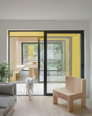 interior of bright yellow london extension, from inside looking out