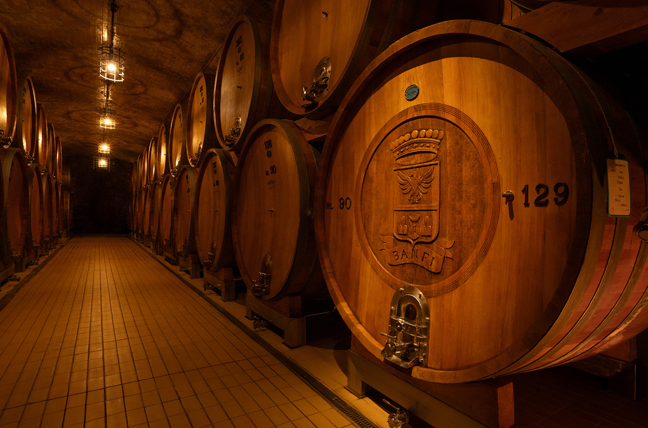 Large oak barrels with the 'Banfi' logo on them 