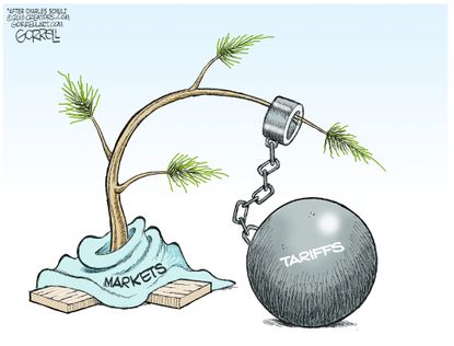 Political cartoon U.S. Trump markets tariffs economy