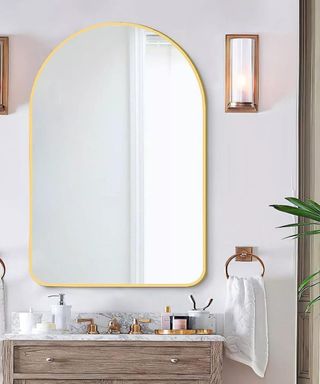 A large oval mirror in a bathroom