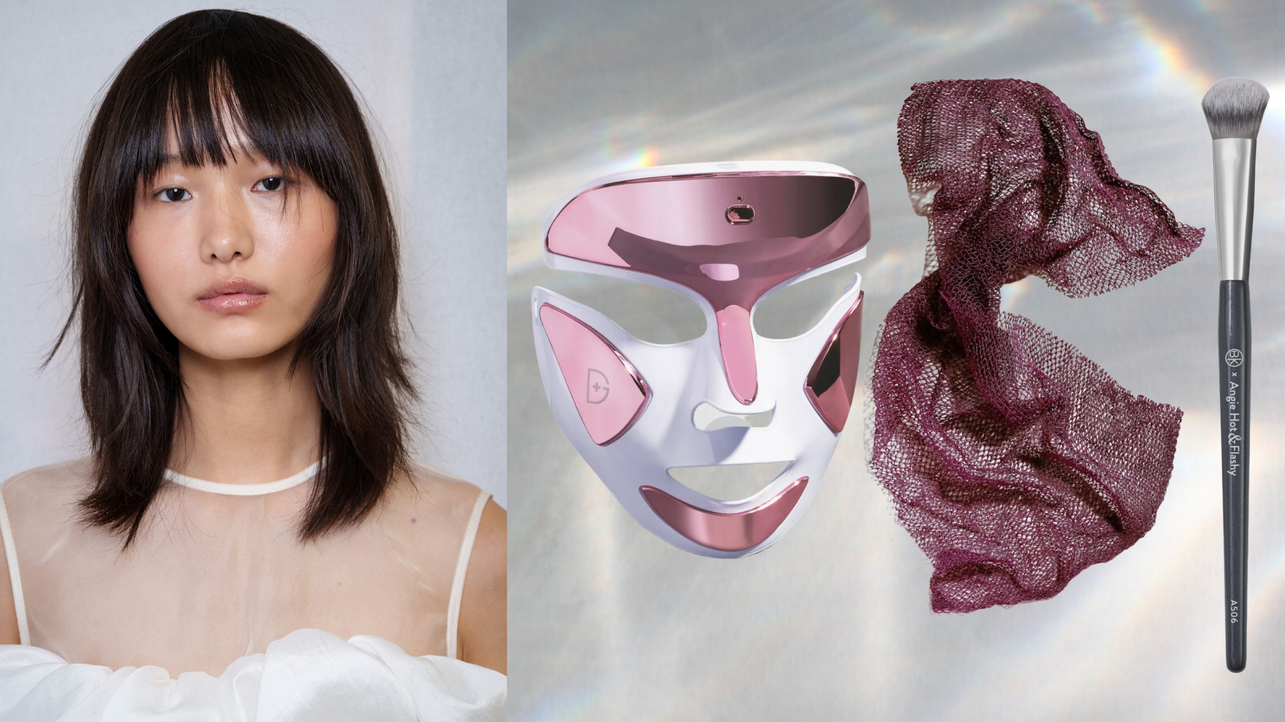 A woman with short hair and bangs wearing a sheer white top. She is next to an LED mask, an African net sponge, and a makeup brush. 