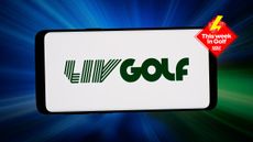 The LIV Golf logo is displayed on a smartphone in front of abstract background on computer screen with the This Week In Golf sticker (top right)