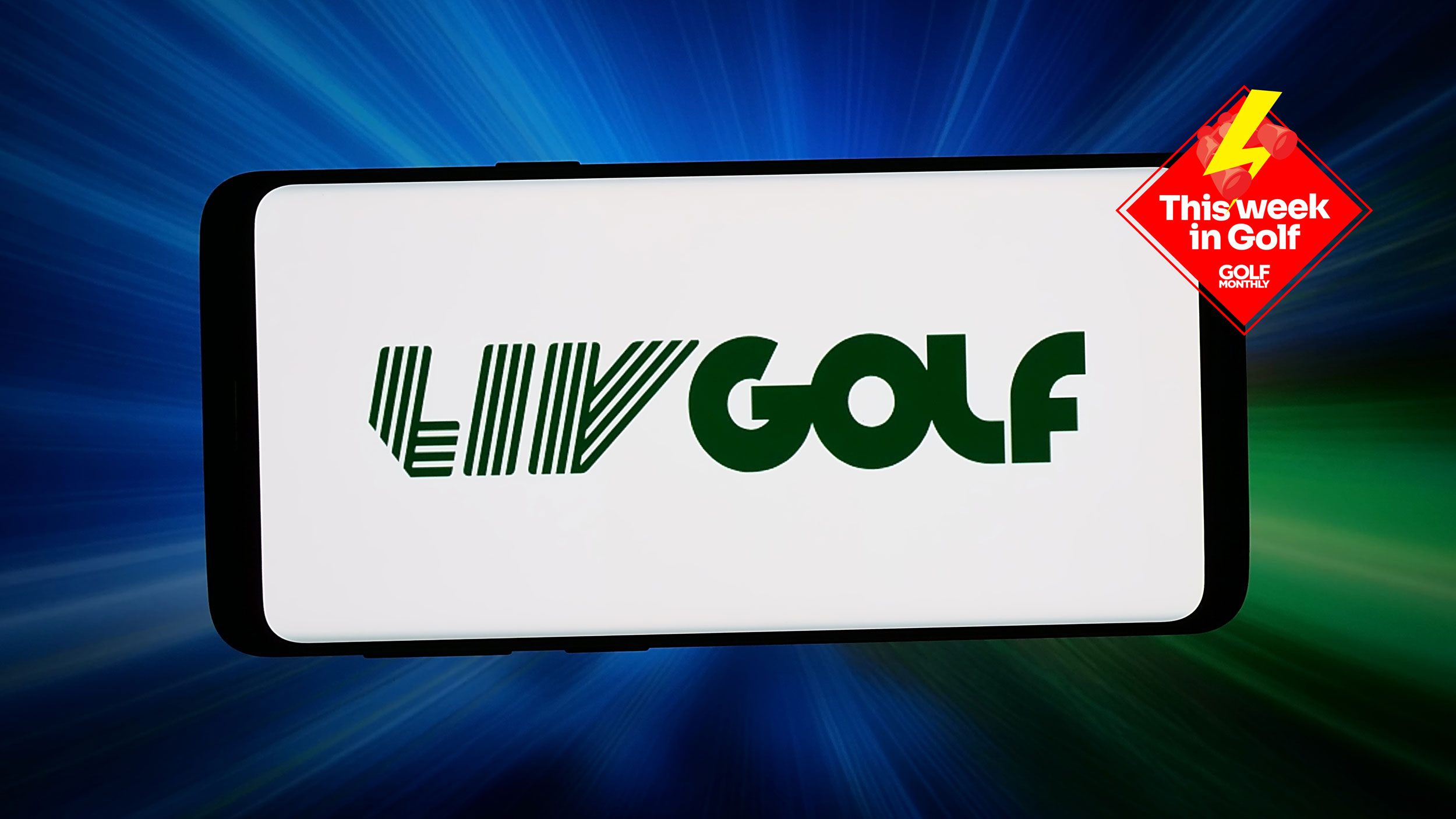 The LIV Golf logo is displayed on a smartphone in front of abstract background on computer screen with the This Week In Golf sticker (top right)
