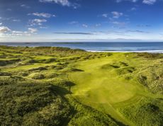 5th Hole at Royal Portrush Golf Club - stock photoAerial of the Royal Portrush Golf Club venue for the 1953, 2019 and 2025 Open golf Championship, County Antrim, Northern Ireland