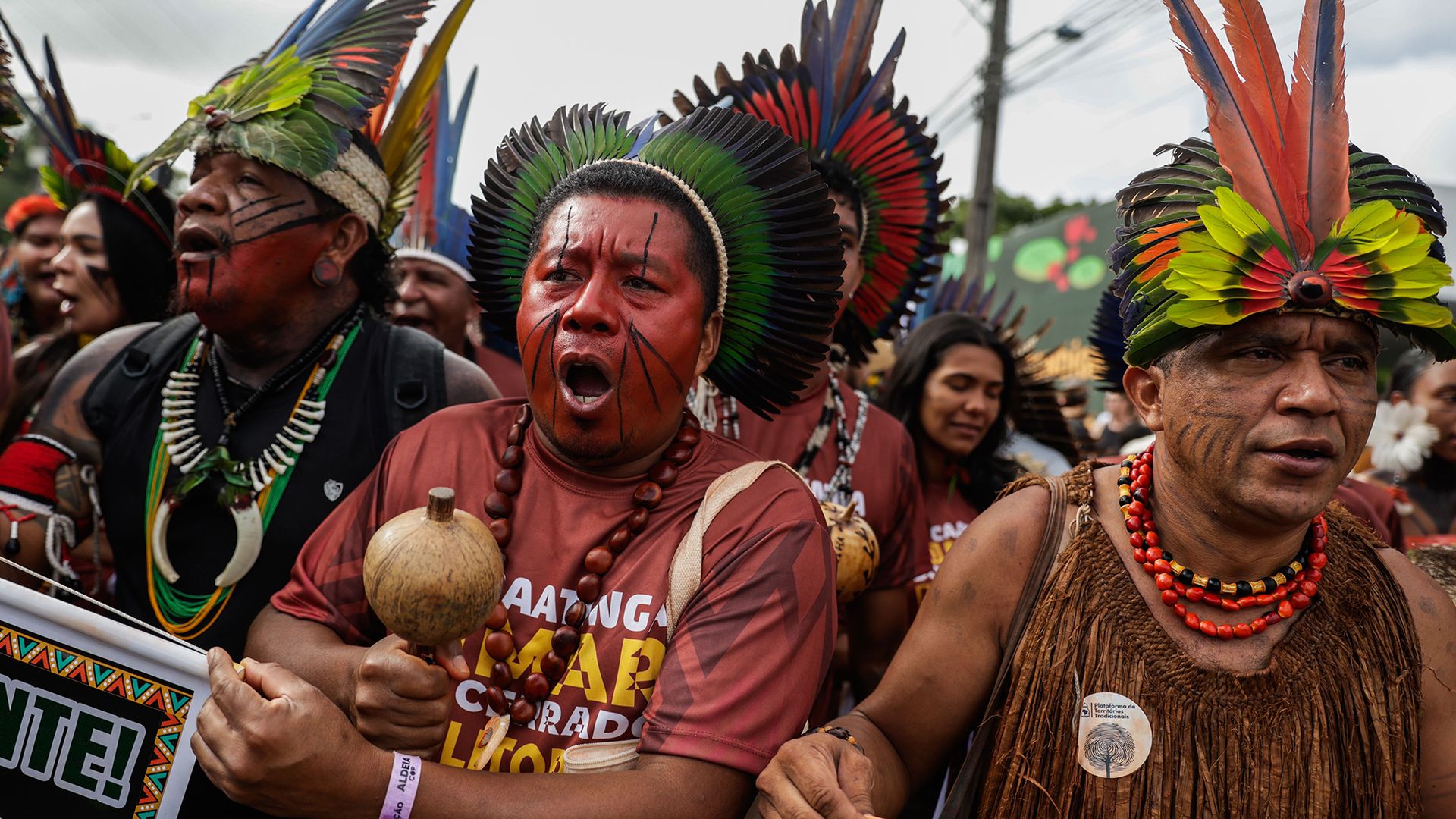 
                                Indigenous peoples demonstrate outside the Cop30 conference in Belem, Brazil
                            