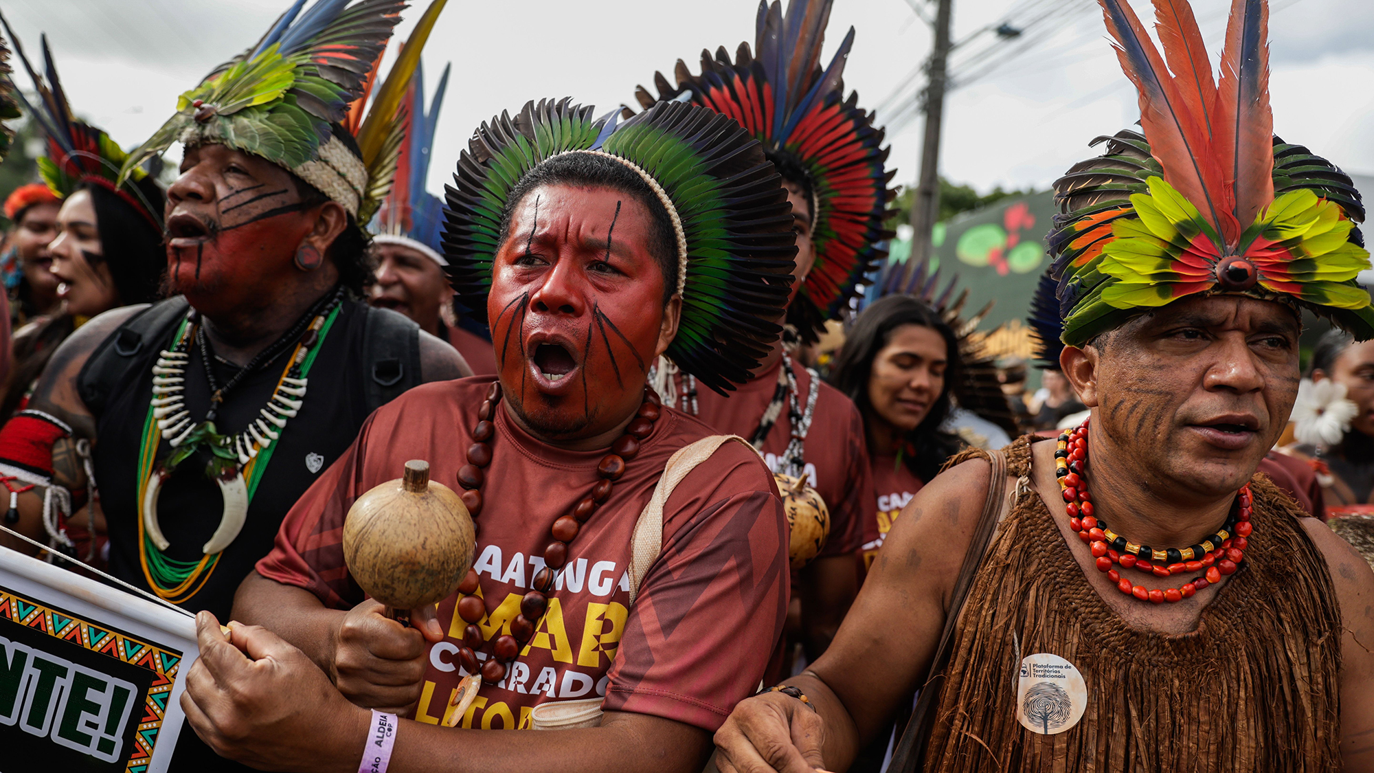 Indigenous peoples demonstrate outside the Cop30 conference in Belem, Brazil