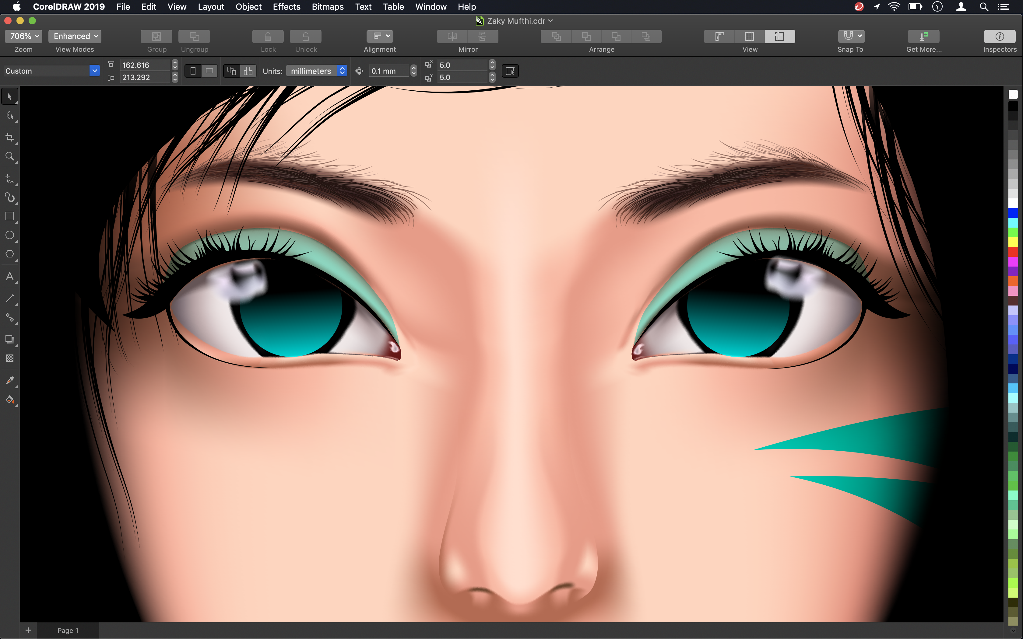 Screenshot of eyes being colour-corrected in CorelDRAW