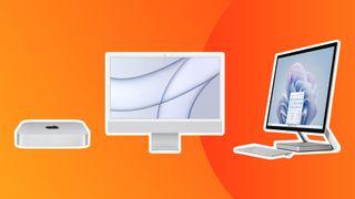 Three of the best computers for graphic design on an orange background