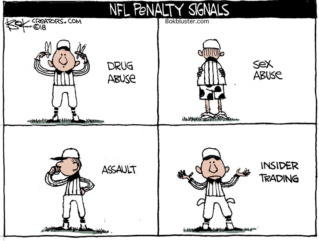 Editorial cartoon U.S. NFL penalty drugs sex abuse assault insider trading