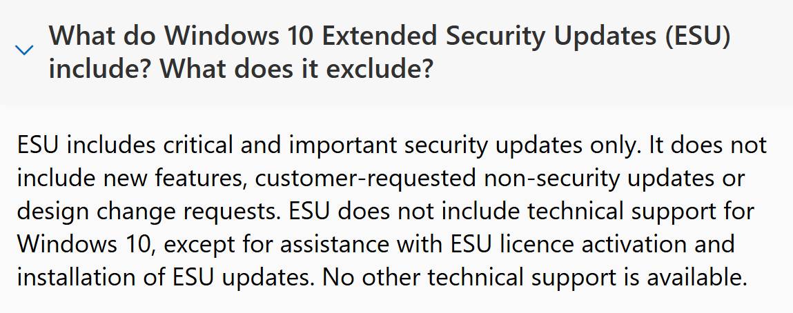 Microsoft support website text on Windows 10&#039;s ESU.