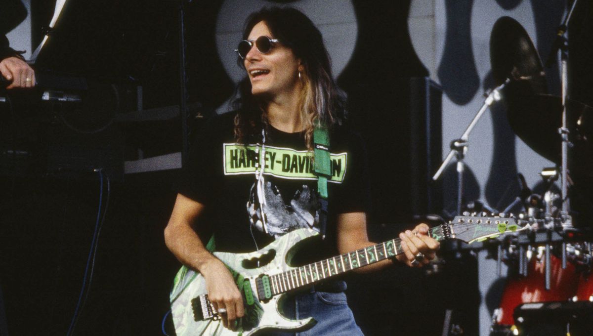 Steve Vai performs onstage at the Guitar Legends Expo in 1991