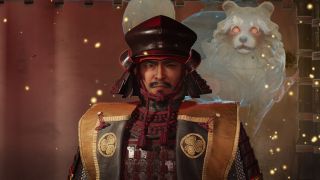 Nioh 3 skill capacity: A close-up of Tokugawa Ieyasu looking directly ahead, with his Guardian Spirit of his left shoulder.