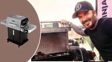 David Beckham using the Ninja FlexFlame Gas BBQ and Outdoor Cooking System next to a cutout of the Ninja FlexFlame Gas BBQ and Outdoor Cooking System