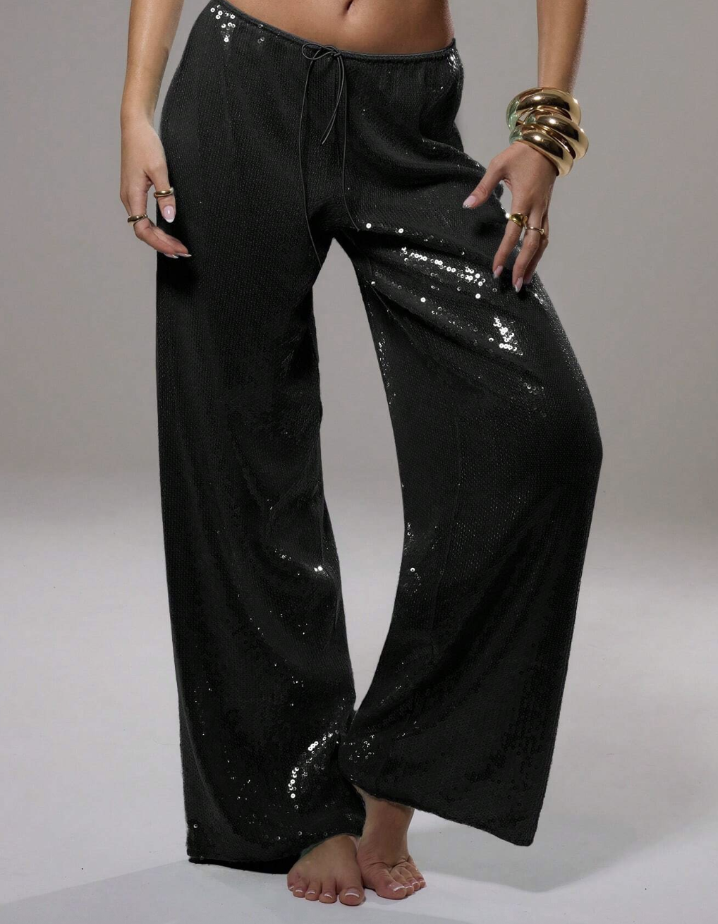 Musera, Sequin Low Rise Wide Leg Pants in Black