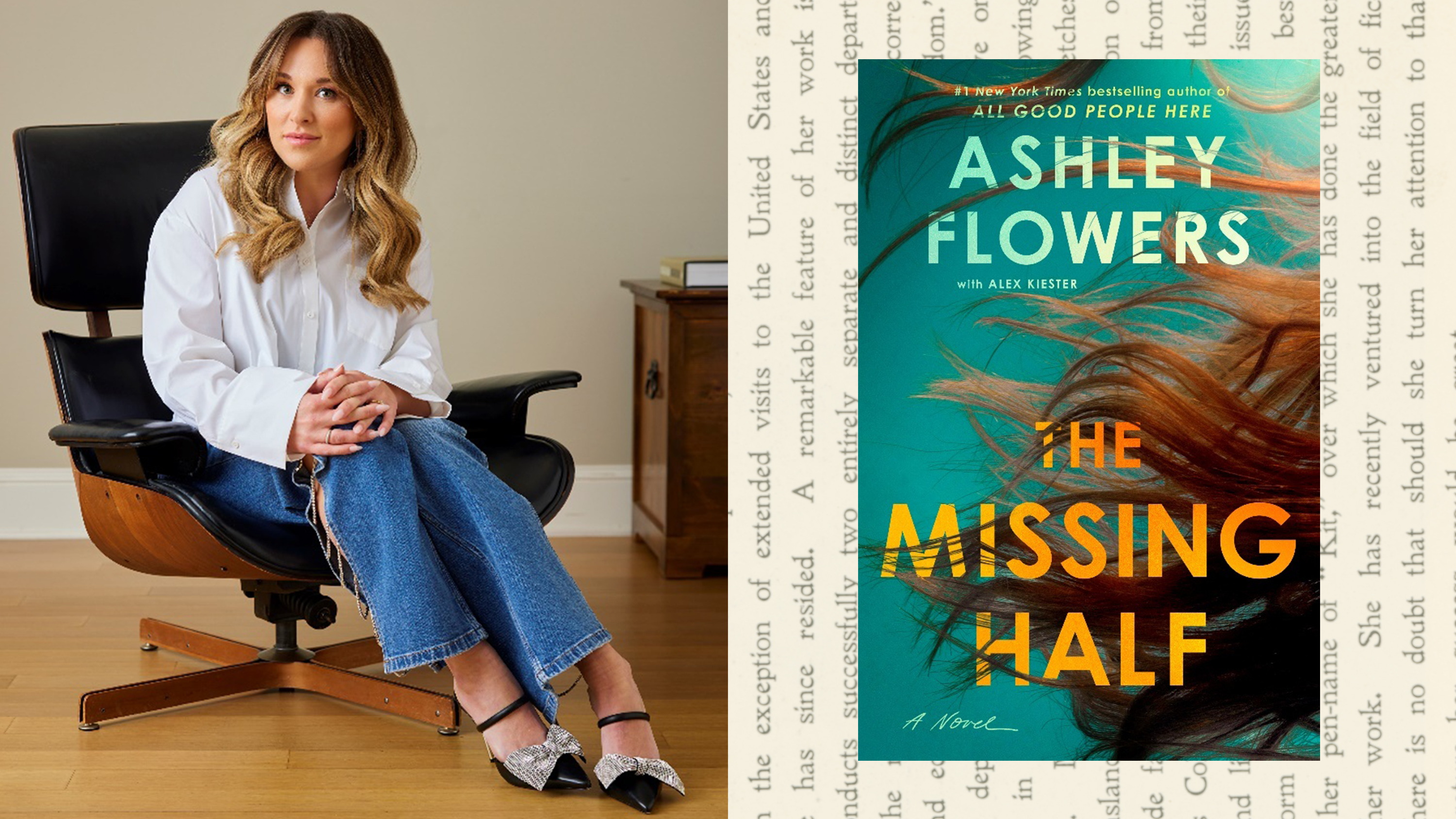 author ashley flowers sits in a chair wearing a white shirt and jeans and a split image of the cover of her book the missing half