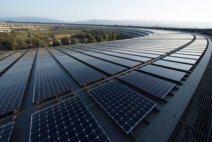 Apple’s headquarters in Cupertino is powered by 100 percent renewable energy, including rooftop solar panels.
