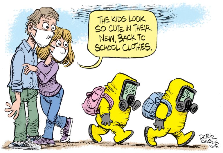 Editorial Cartoon U.S. back to school coronavirus hazmat suits