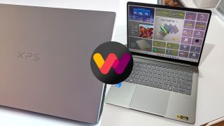 A Dell XPS laptop with a gray lid and an open Swift Air 14 display showcasing specifications. An abstract logo in pink, purple, and yellow overlaps the images.