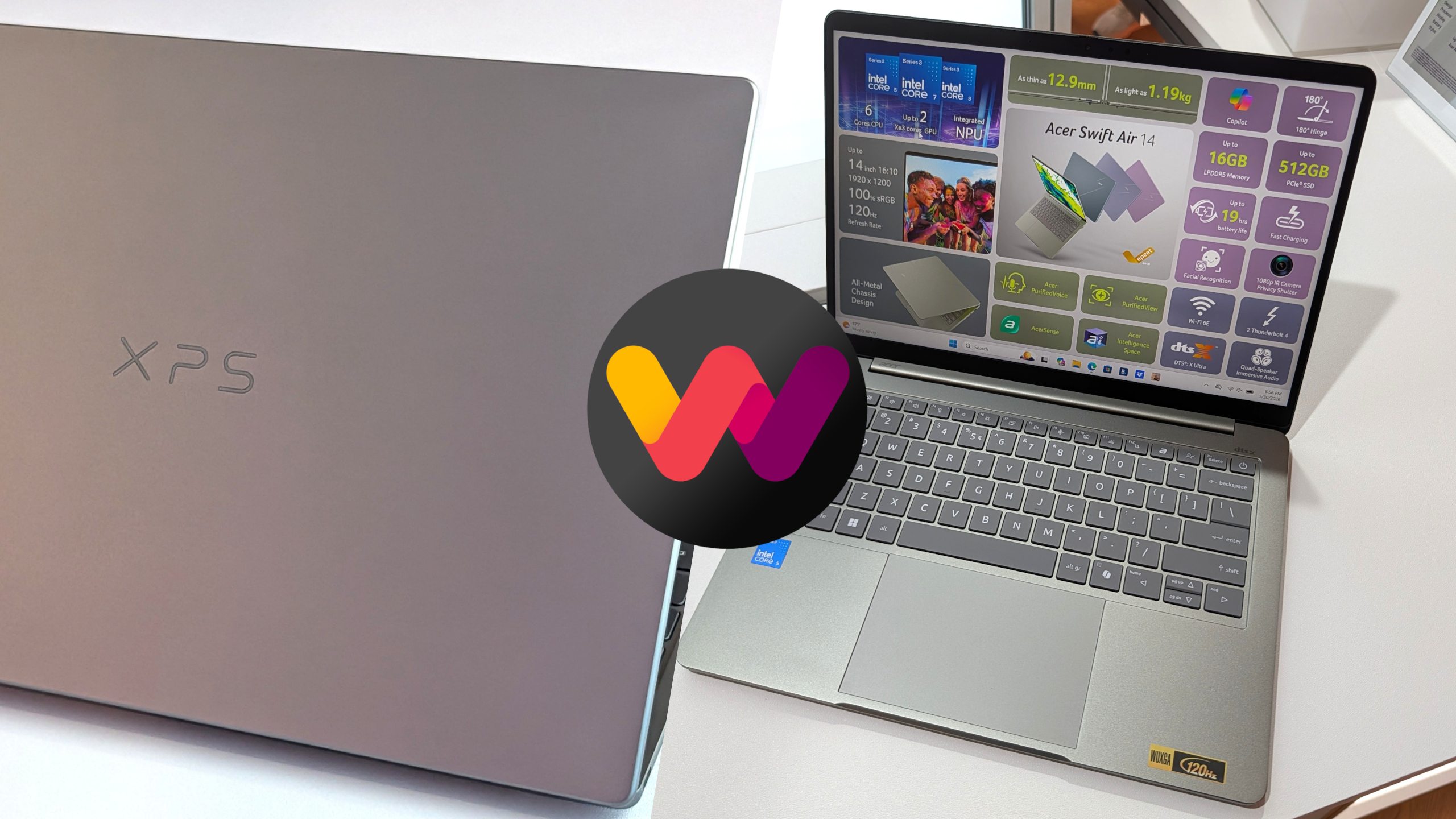 A Dell XPS laptop with a gray lid and an open Swift Air 14 display showcasing specifications. An abstract logo in pink, purple, and yellow overlaps the images.