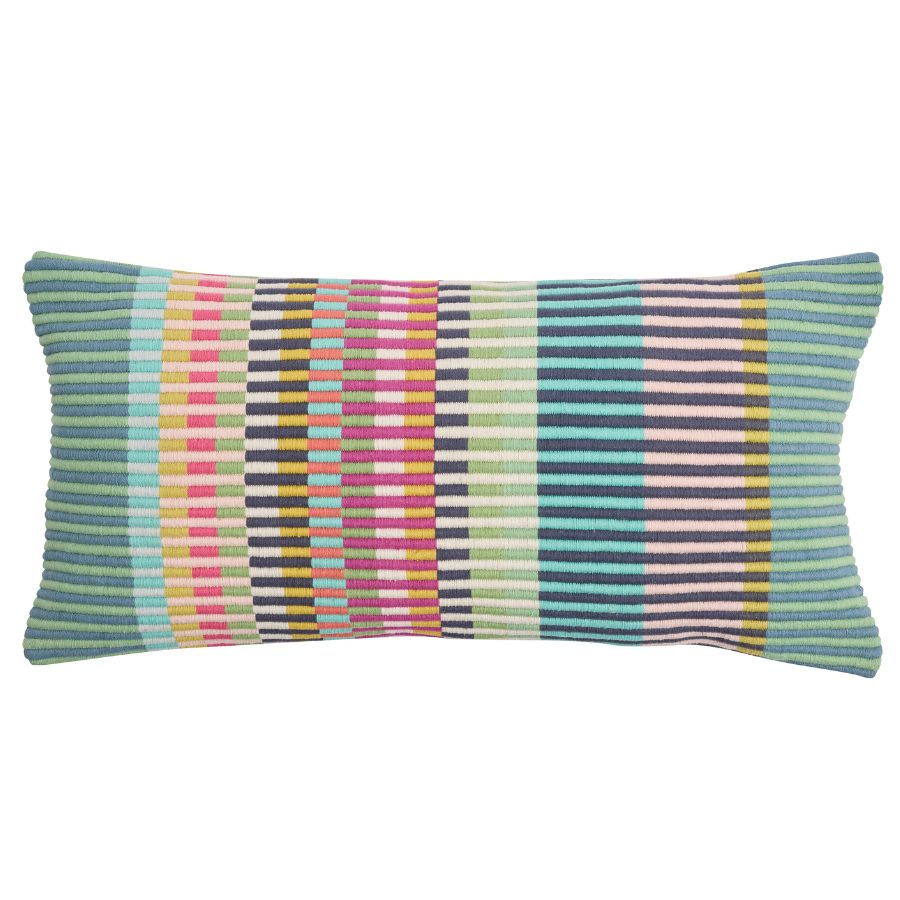 A striped cushion with geometric pattern