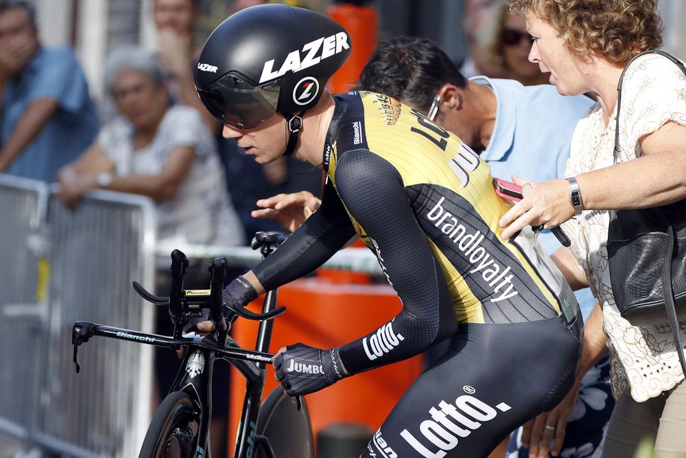 A LottoNL-Jumbo rider picks himself up off the tarmac