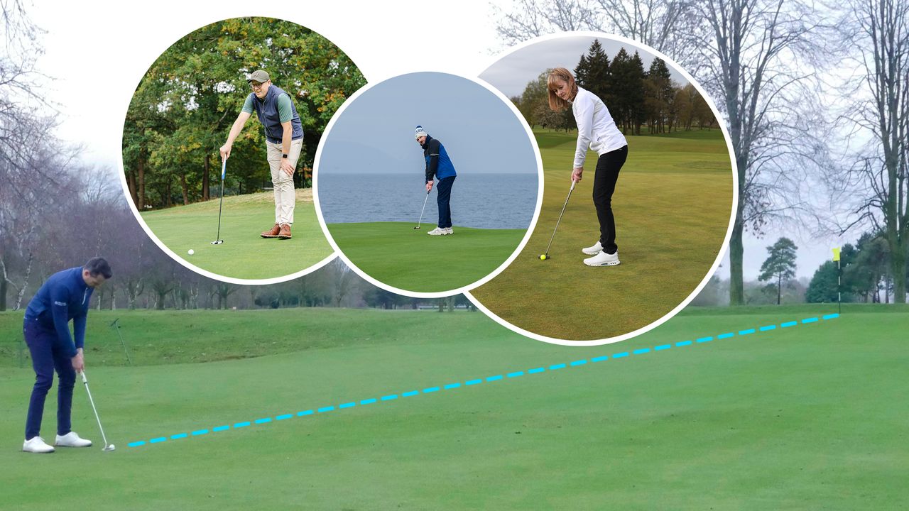 Joel Tadman hitting a long putt, around 100ft in total, with a dotted line to show the path of the ball to the hole and three inset images of three amateur golfers reading or preparing to hit a putt