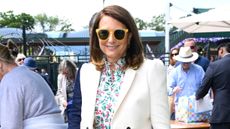 Carole Middleton wears a floral maxi dress with a cream blazer at Day 4 of Wimbledon 2024 