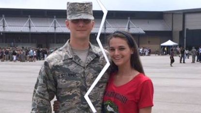 Taylor stands with then husband Albert who is in military uniform.