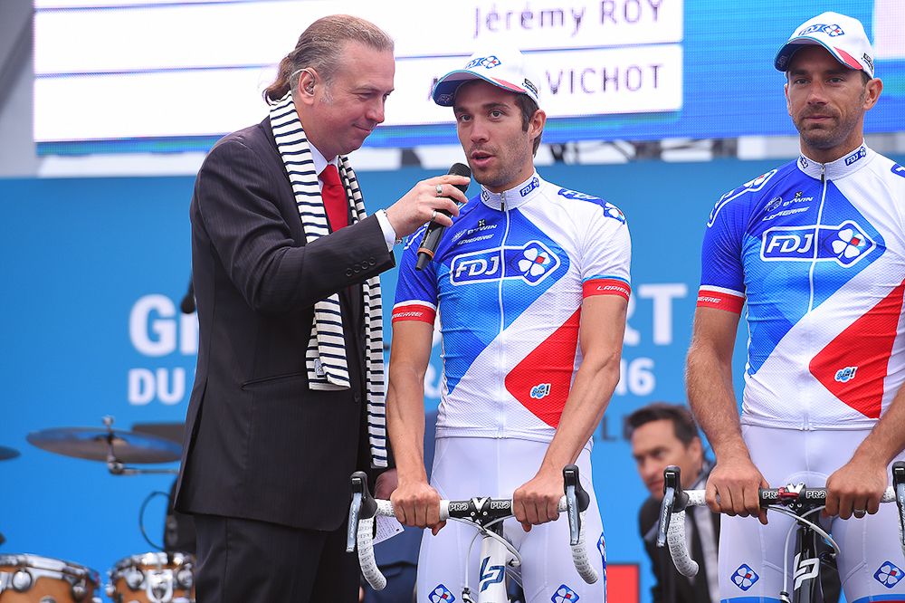 Thibaut Pinot addresses the crowd at the Tour de France team presentation